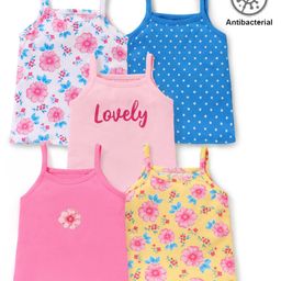 Babyhug 100% Cotton Knit Anti Bacterial Sleeveless Slips with Floral and Polka Dots Print Pack of 5 - Multicolor-image-90