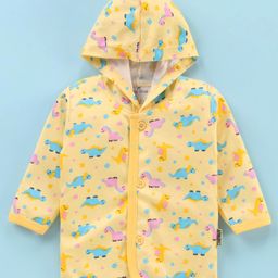 Child World Interlock Knit Full Sleeves Hooded Front Open Vest Dino Print - Light Yellow-23