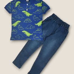 Kiwi Half Sleeves Animals Printed Polo Tee With Denim Pant Set - Blue-image-76