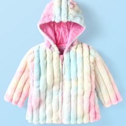 Babyhug Woven Full Sleeves Hooded Fur Jacket with Stripe Design - Pink & Green-image-65