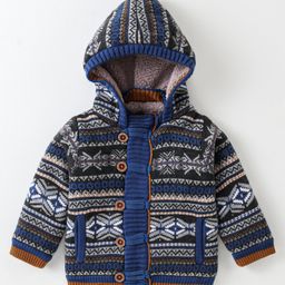 Yellow Apple Knitted Full Sleeves Hooded Sweatjacket with Aztec Design - Dark Grey-image-63