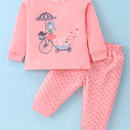 Tango Interlock Knit Full Sleeves T-Shirt & Lounge Pants Set With Doll & Hearts Print - Coral-image-41