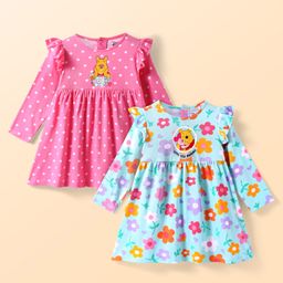 Babyhug Disney Single Jersey Knit Full Sleeves Frock With Winnie The Pooh Graphics & Frill Detailing Pack of 2 - Dark Pink & Light Blue-17
