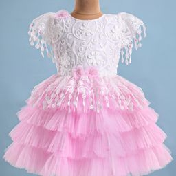Bluebell Woven Half Sleeves Floral Embroidered Layered Party Frock with Bow Applique - Pink-image-67