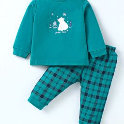 Zero Interlock Knit Full Sleeves Checkered & Bear Printed T-Shirt & Joggers Set - Teal Blue-image-55