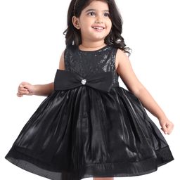Babyhug Woven Sleeveless Sequin on Yoke Party Frock with Bow Applique - Black-image-96