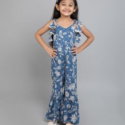 Taffykids 100% Cotton Sleeveless Floral Printed Tie Up Jumpsuit - Blue-image-3