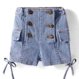 Kookie Kids Solid Cotton Shorts With Knot Applique & Cargo Pockets - Blue-image-79