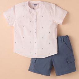 ToffyHouse Cotton Woven Half Sleeves Mandarin Collar Shirt & Shorts With Flamingo Print - Light Pink & Blue-image-21