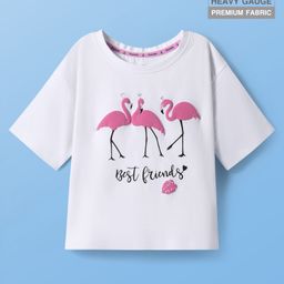 Pine Kids Cotton Knit Half Sleeves Oversized T-Shirt with Flamingo Puff Print - White-image-97