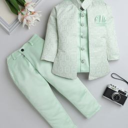 Fourfolds Full Sleeves Floral Embroidered Indo Blazer & Trousers Set - Green-image-42