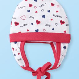 Babyhug 100% Cotton Knit Cap With Heart Print - White & Red-picture-20