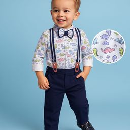 Babyhug Knit Full Sleeves Dino Printed Shirt & Pant with Bow & Suspender - Navy Blue & White-image-47
