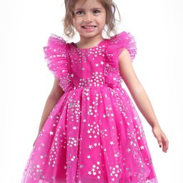 Babyhug Woven Sleeveless Party Wear Frock With Star Foil Print & Frill Detailing - Fuschia-image-52