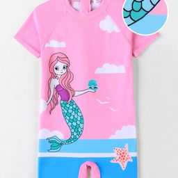 Mark & Mia Half Raglan Sleeves Printed Legged Swimsuit with Mermaid Print - Pink-5
