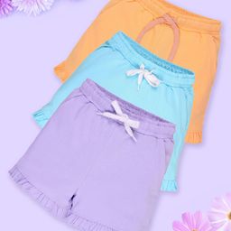 Kiddopanti Pack Of 3 Cotton Bottom Hem Frill Detailed Solid Shorts - Peach Orange & Aqua Blue & Orchid-image-40