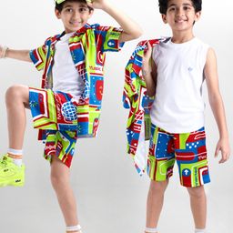 OLLINGTON ST. Sinker Knit Half Sleeves Co-ords Printed Shirt & Shorts With Inner Tee - Multicolour-image-57