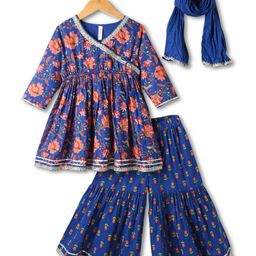 Babyhug Cotton Woven Three Fourth Sleeves Kurti Gharara & Dupatta Set With Cambric Print - Navy Blue-image-79