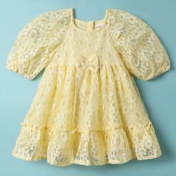 Babyhug 100% Cotton Half Raglan Sleeves Frock With Floral Design & Bow Applique - Yellow-image-74