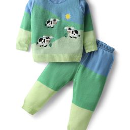 Babyhug Knit Full Sleeves Striped Animal Embroidered Pullover Sweater Set - Multi Colour-image-77