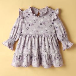 CUCUMBER Interlock Knit Full Sleeves Star Printed Tiered Frock With Frill Detailing - Lilac-image-8