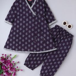 BAATCHEET Cotton Woven Three Fourth Sleeves Floral Printed Angrakha Kurti With Coordinating Pant Set - Purple-picture-18