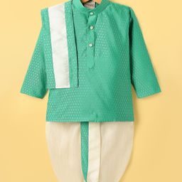 Dapper Dudes Full Sleeves Abstract Embroidered Kurta & Coordinating Dhoti With Angavastram Set - Rama Green-picture-7