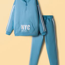 Honeyhap Premium 100% Cotton Terry Drop Shoulder Full Sleeves Winter Wear T-Shirt & Lounge Pant Set With Bio Finish & Text Print - Light Blue-picture-6