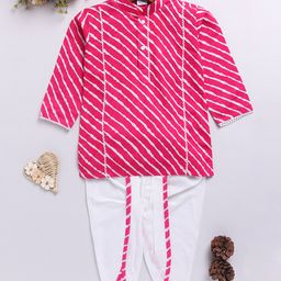 Vastramay Cotton Woven Full Sleeves Leheriya Printed Lace Detailed Dhoti Kurta Set - Pink-image-37
