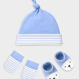 Mi Arcus 100% Cotton Striped & Animal Face Applique Detailed Cap Mittens & Booties Set - Blue & White - Circumference 38 Cm-picture-33