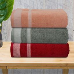 Aura Peach-Coloured & Green 3 Cotton 400 GSM Bath Towel-image-91