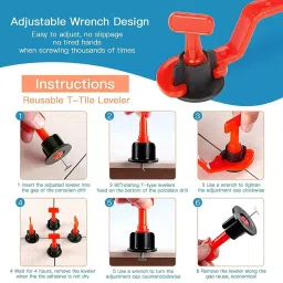 TileMaster 100 Pcs Reusable Adjustable Tile Leveling System Kit with 1 Special Wrench Non-Magnetic Durable Plastic Black & Red 1.22 cm Length, TM-160 image 4