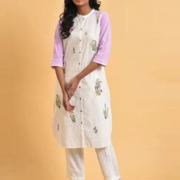 W White & Lilac Cotton Embroidered Straight Kurta-picture-0