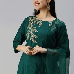 swatika Women Green & Golden Ethnic Yoke Design Zardozi Kurta with Trousers & Dupatta-image-19