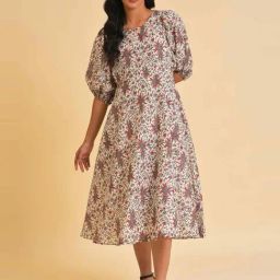 W Ecru Cotton Printed A-Line Dress-image-16