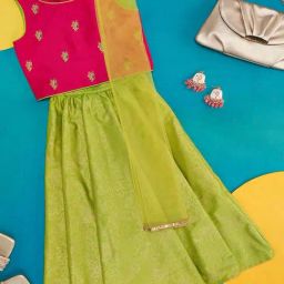 YU by Pantaloons Kids Pink & Lime Green Embroidered Lehenga Cholis-image-40
