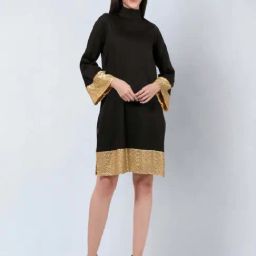 First Resort By Ramola Bachchan Black Cotton Satin Tunic Dress with Gold Sequin Border-image-94