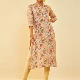 Soch Peach Linen All-Over Floral Print Straight Kurta with Princess Seams-image-37