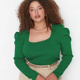 Trendyol Self Design Square Neck Long Puff Sleeves Fitted Top-image-50