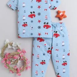 Bumzee Kids Sky Blue Printed T-Shirt with Pyjamas-image-11