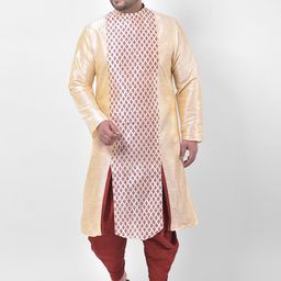 DEYANN PLUS Men Plus Size Cream-Coloured & Maroon Ethnic Motifs Printed Dupion Silk Kurta-16