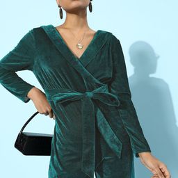 DODO & MOA Women Tranquil Teal Solid Velvet Jumpsuit-image-38