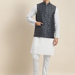 SOJANYA Men White Chikankari Pure Cotton Kurta with Churidar & Nehru Jacket-picture-23