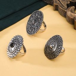 Fida Set of 3 Silver Plated Oxidized Alloy Finger Rings-image-28