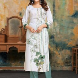 MOJILAA Women Printed Regular Sequinned Linen Kurta with Trousers Kurta Sets-30