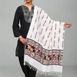 Exotic India Snow-White Cotton Dupatta with Printed Jungle Scene Border-12