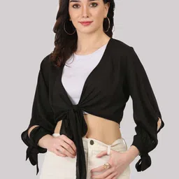 SAAKAA Women Black & White Solid Shirt Style Crop Top-image-85