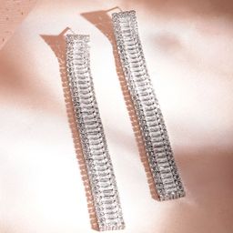 Rubans Rhodium Plated Long Cubic Zirconia Studded Statement Drop Earrings image 3
