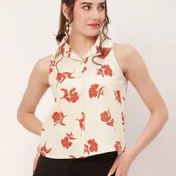Moomaya Cream & Rust Cotton Floral Print Top-picture-47