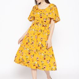 MABISH by Sonal Jain Women Mustard Yellow & Maroon Floral Printed A-Line Dress-image-42